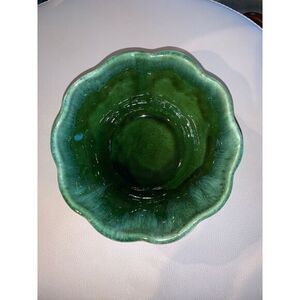 Vintage Pio California Pottery Wavy‎ Bowl Green Drip Flow Glaze